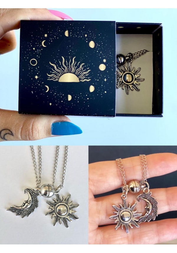 Colar Sol/Lua Prateada - Conexão, Ima - com embalagem