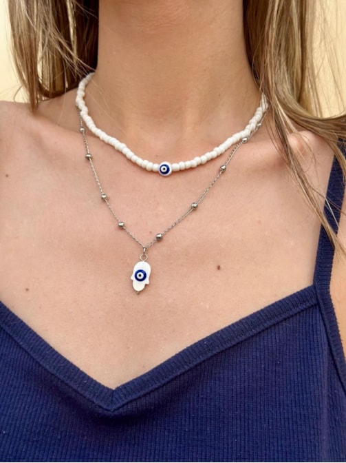 Conjunto 2 Colares Olho Grego e Hamsa - Madrepérola