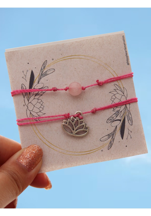 Conjunto 2 Pulseiras Flor de Lótus com Quartzo Rosa