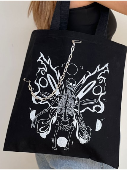 Ecobag Fada Esqueleto + Corrente e Alfinete Preta