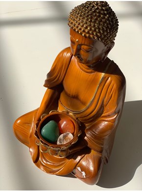 Escultura Buda com Bowl de Madeira