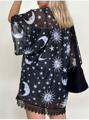 Kimono Sol, Lua e Estrelas - Preto e Branco