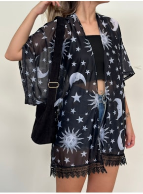 Kimono Sol, Lua e Estrelas - Preto e Branco