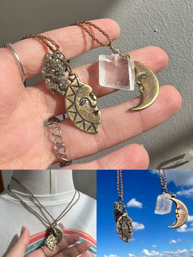 Kit 2 Colares Sol e Lua com Calcita Ótica e Pirita — imagem 1