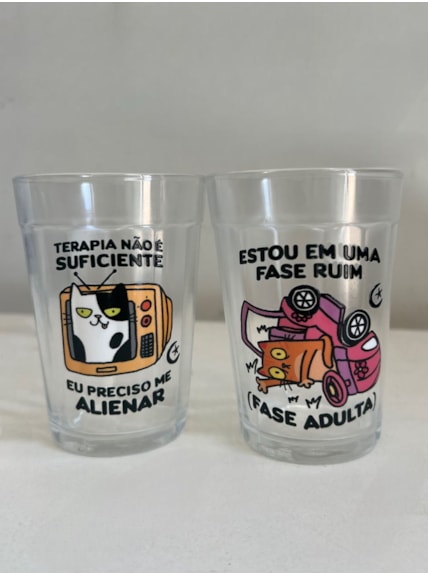 Kit 2 Copos - Gato Alienado e Fase Adulta - Vidro 190ml