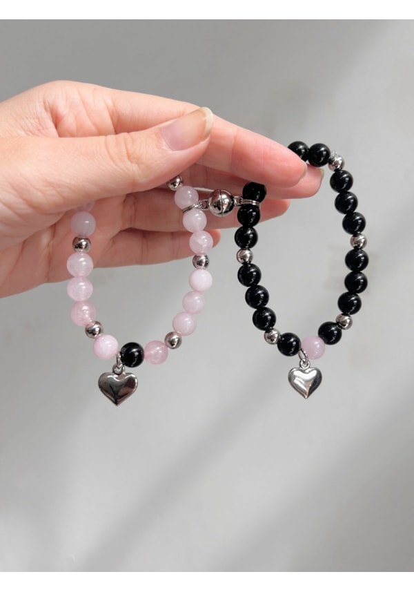 Kit 2 Pulseiras Quartzo Rosa e Onix - Imã