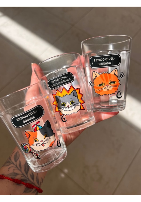 Kit 3 Copos Estado Civil - Gatos - Vidro 190ml