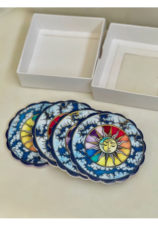 Kit 4 Porta Copos Cerâmica Sol e Lua - Noite