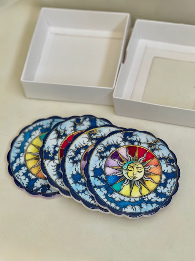 Kit 4 Porta Copos Cerâmica Sol e Lua - Noite — imagem 1