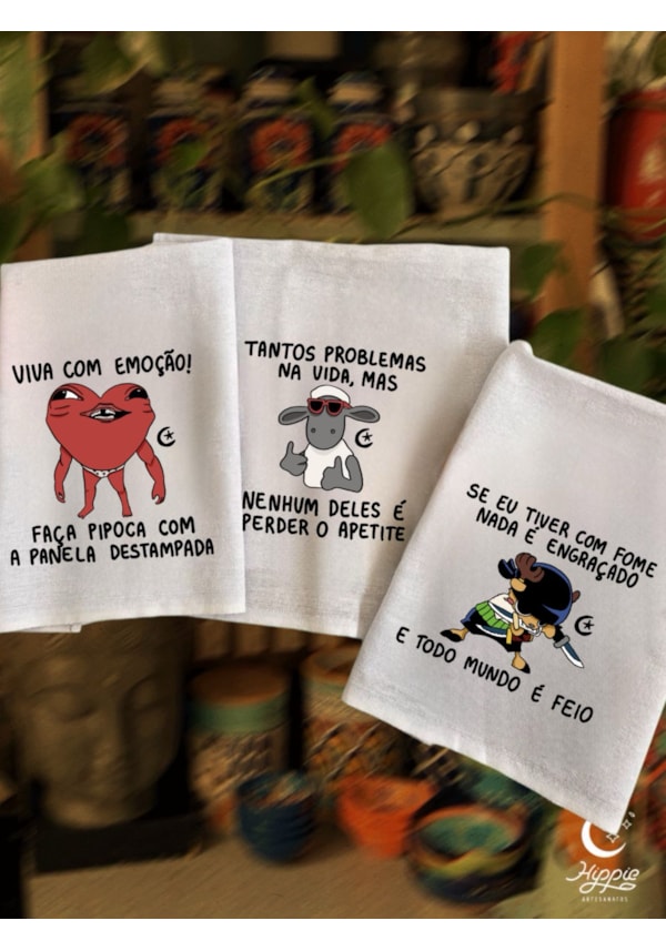 Kit com 3 Panos de Prato - Apetite, Nada é engraçado e Pipoca destampada