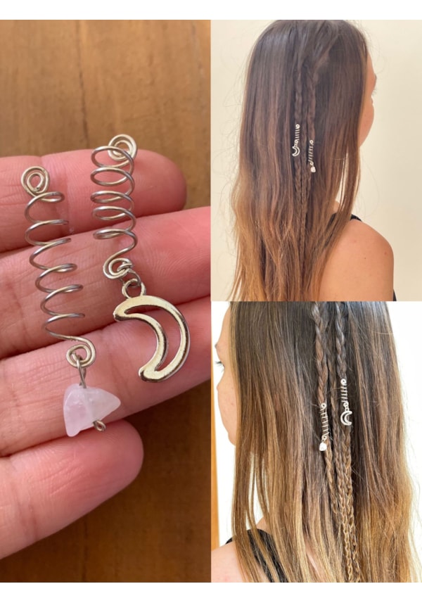 Par de Anéis de Trança / Dread - Lua e Quartzo Rosa