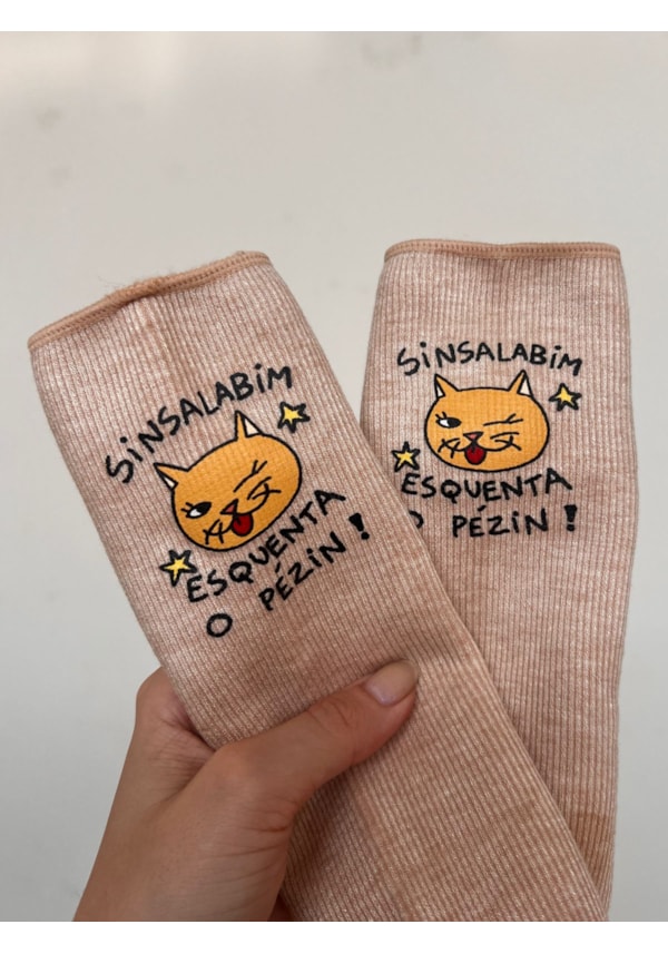 Par de Meias Gato Sinsalabim Esquenta o Pézin - Bege