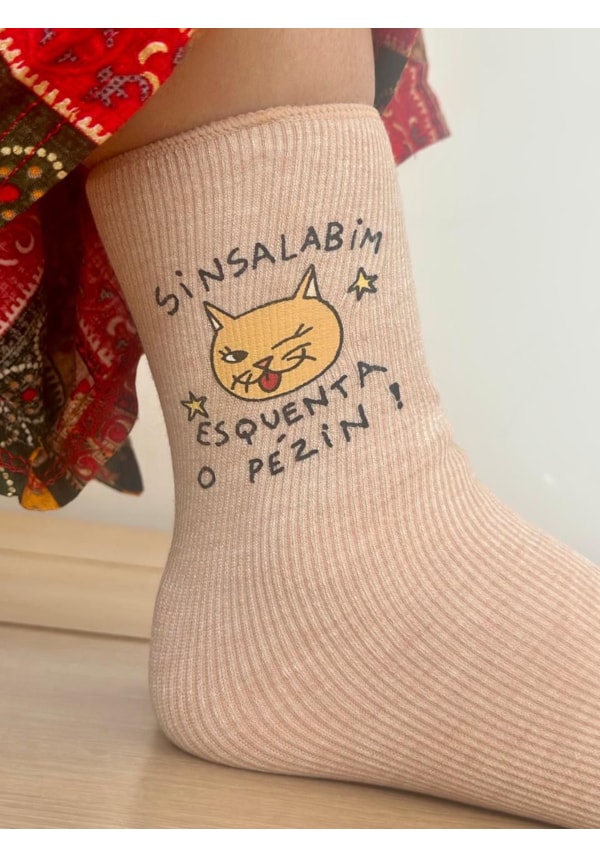 Par de Meias Gato Sinsalabim Esquenta o Pézin - Bege