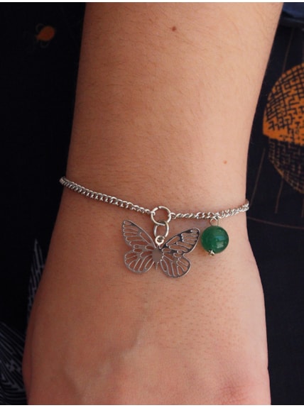 Pulseira Borboleta com Pedrinha Quartzo Verde