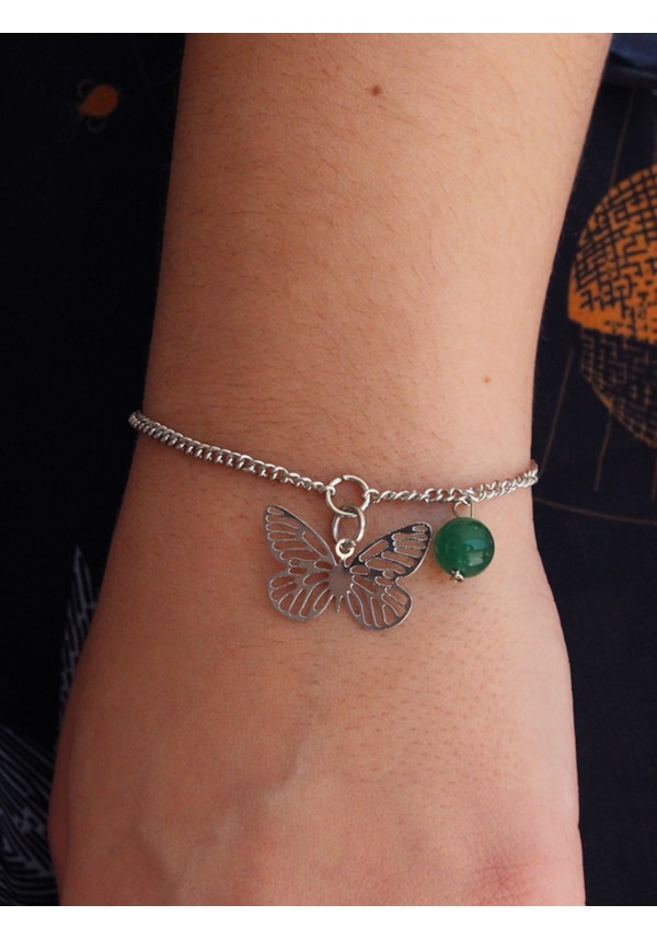 Pulseira Borboleta com Pedrinha Quartzo Verde