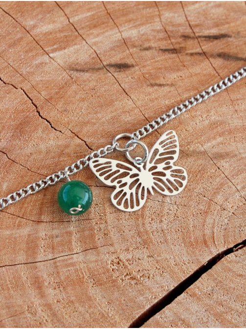 Pulseira Borboleta com Pedrinha Quartzo Verde