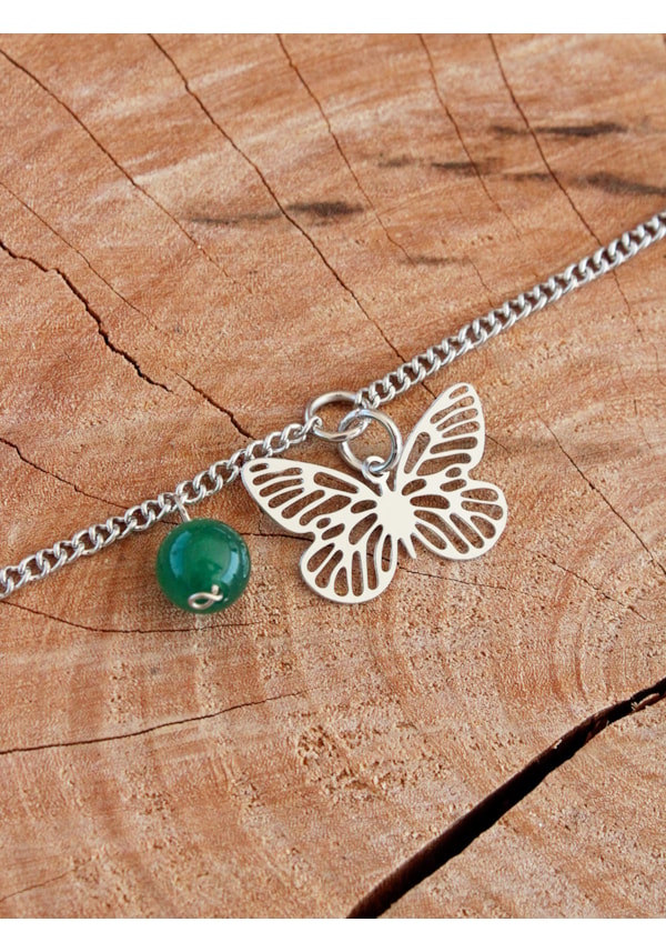 Pulseira Borboleta com Pedrinha Quartzo Verde