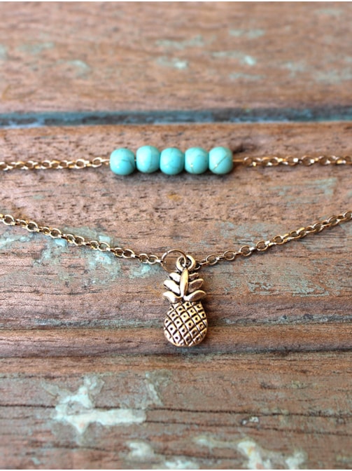 Pulseira Dupla Abacaxi e Pedra Turquesa