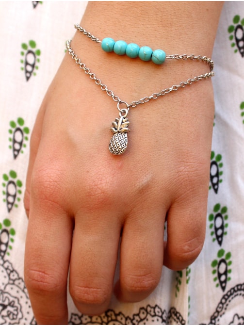 Pulseira Dupla Abacaxi e Pedra Turquesa