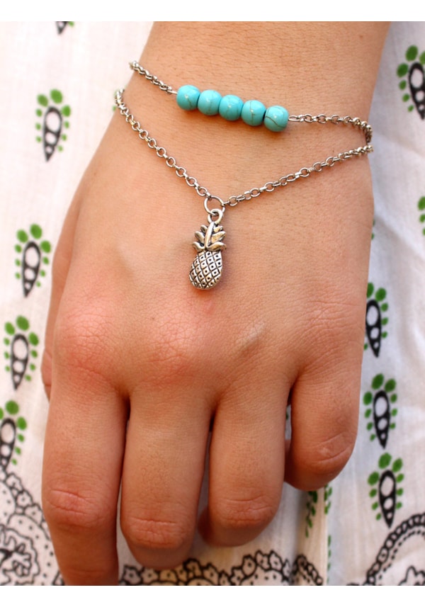 Pulseira Dupla Abacaxi e Pedra Turquesa