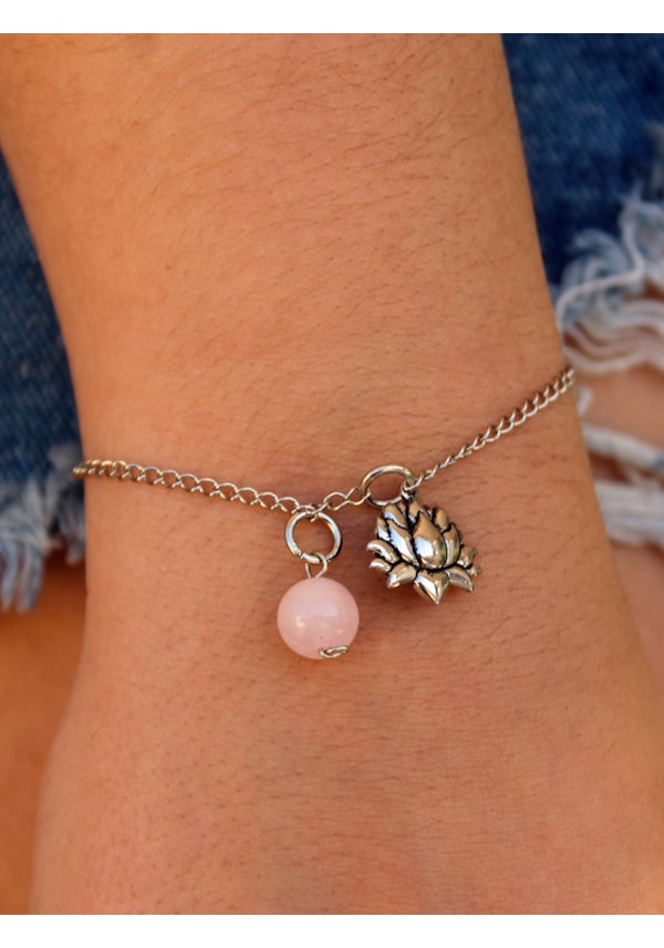 Pulseira Flor de Lótus com Pedrinha Quartzo Rosa