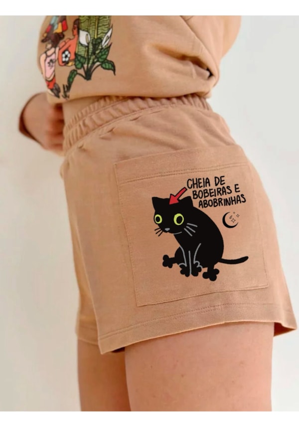 Short Moletom - Gato Bobeiras e Abobrinhas - Capuccino