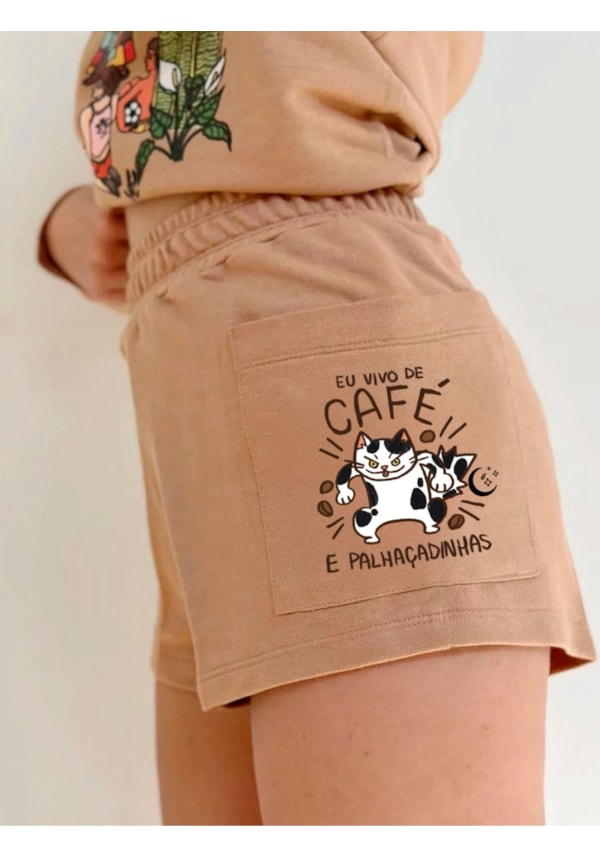 Short Moletom - Gato Café e Palhaçadinhas - Capuccino