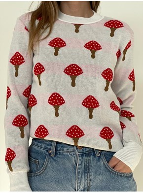 Suéter Tricot Cogumelos - Branco