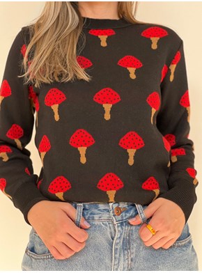 Suéter Tricot Cogumelos - Preto
