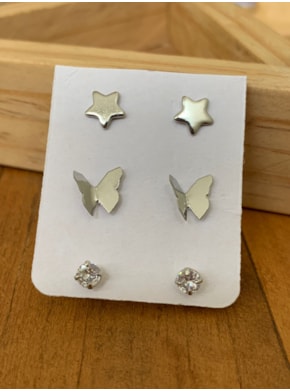 Trio de Brincos Estrela e Borboleta - Inox